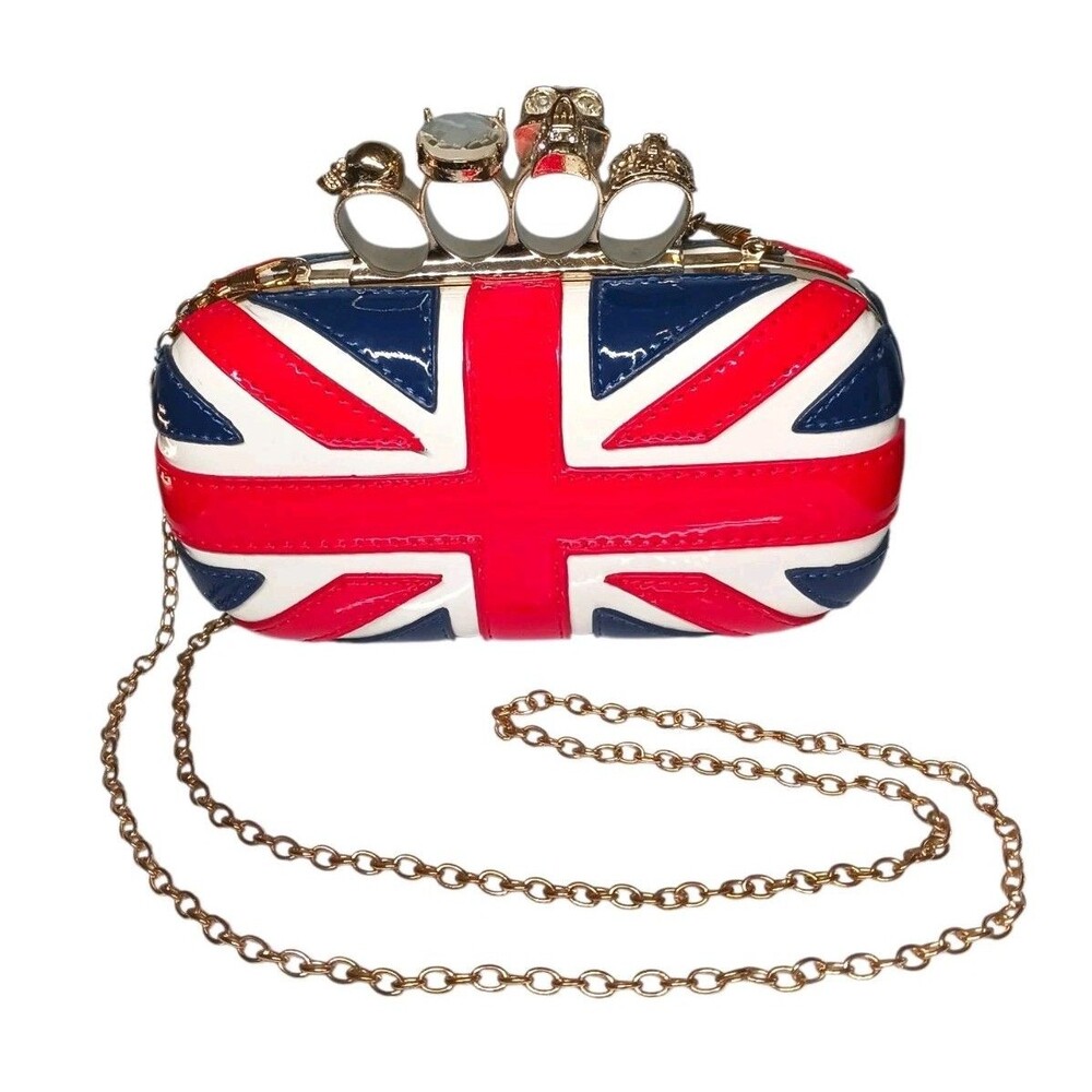Vtg Brass Knuckle Skulls British Flag Clutch Purse Bag w/ Chain Union Jack Y2K